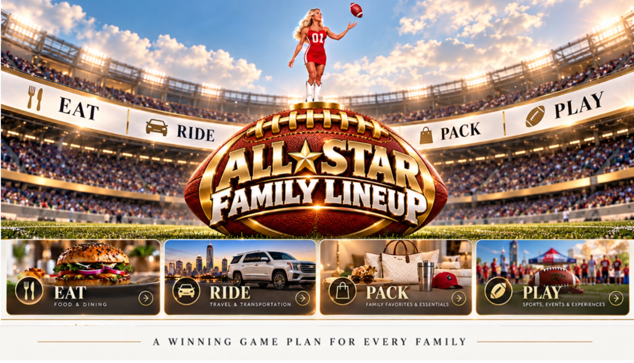 Leslie Sunshine in a red game-day look tossing a football above the All-Star Family Lineup stadium emblem, with Eat, Ride, Pack and Play family categories.