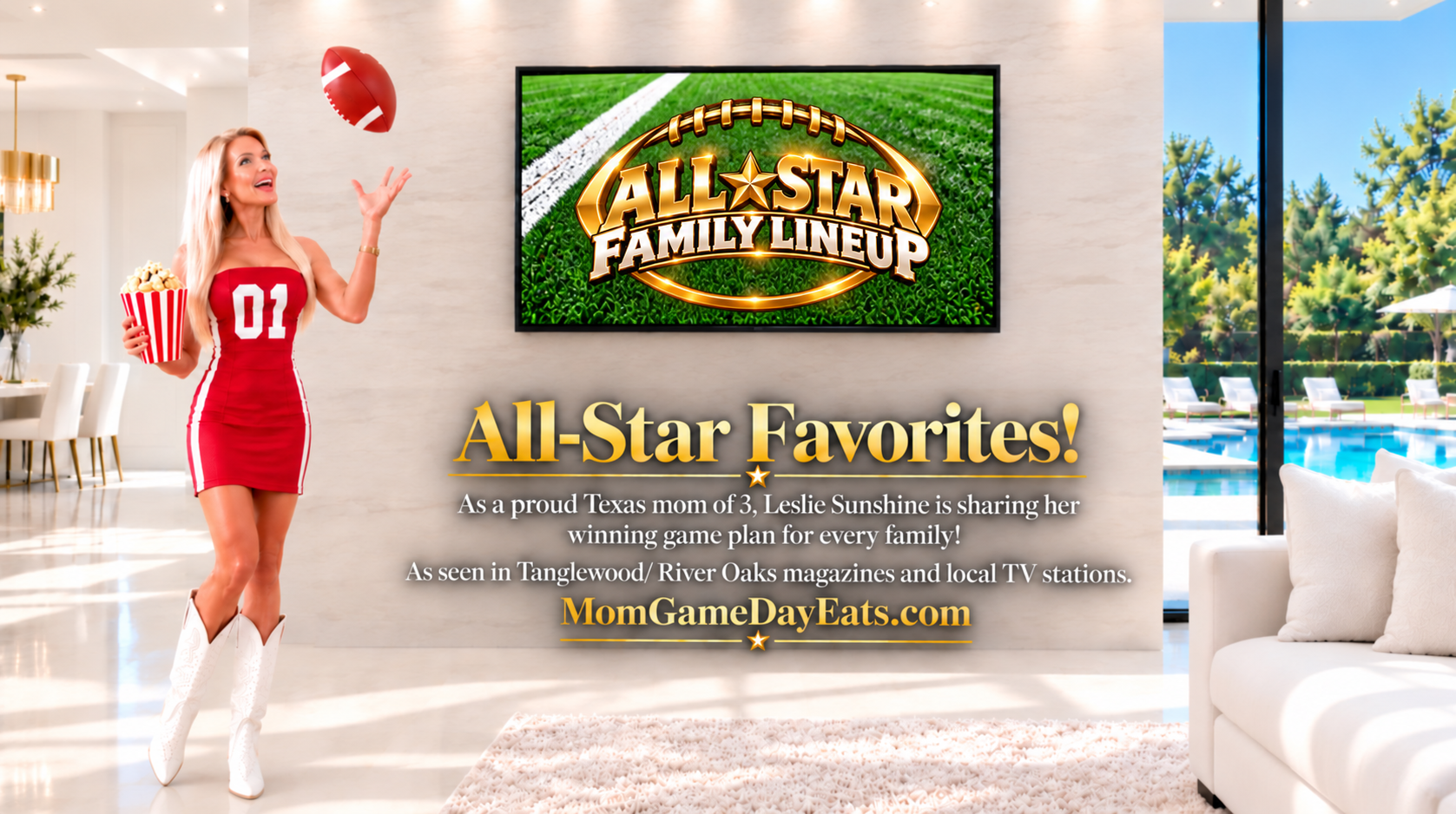 Leslie Sunshine in a bright living room as the All-Star Family Lineup logo appears fully within the television screen.