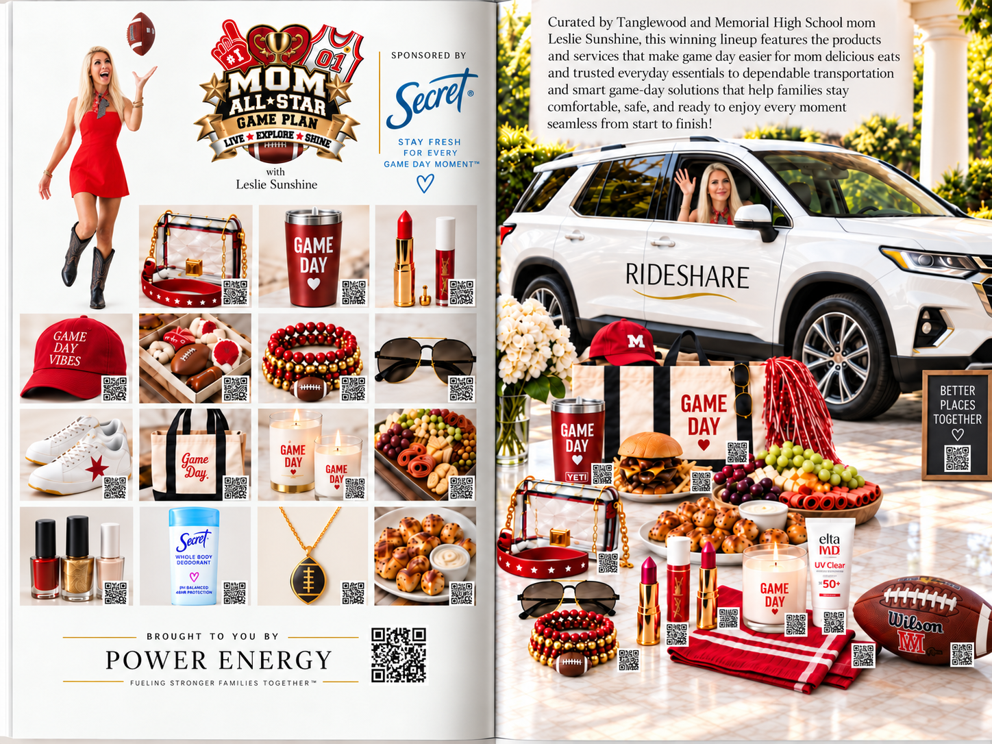 Sample two-page All-Star Family Lineup magazine editorial featuring family game-day products and a rideshare feature.