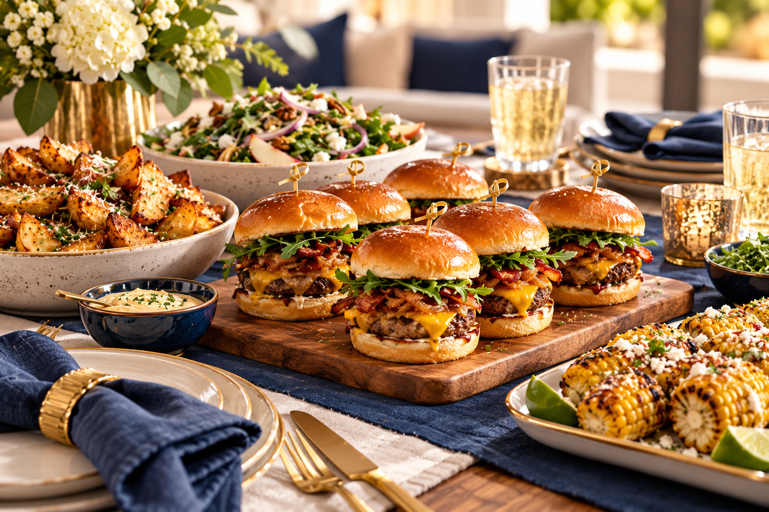 A polished family-style table with sliders, sides and sparkling drinks