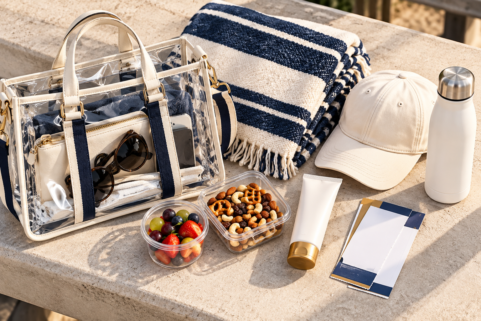 A clear stadium bag with a blanket, cap, water, snacks and family essentials