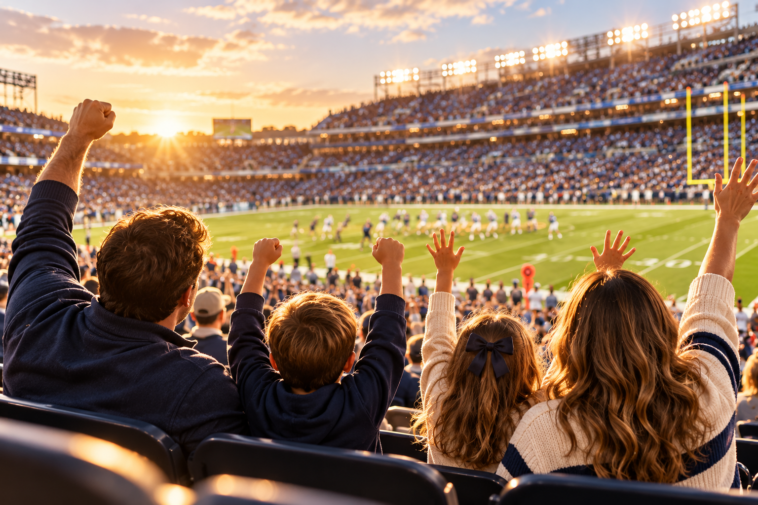 A family cheering together at a live football game