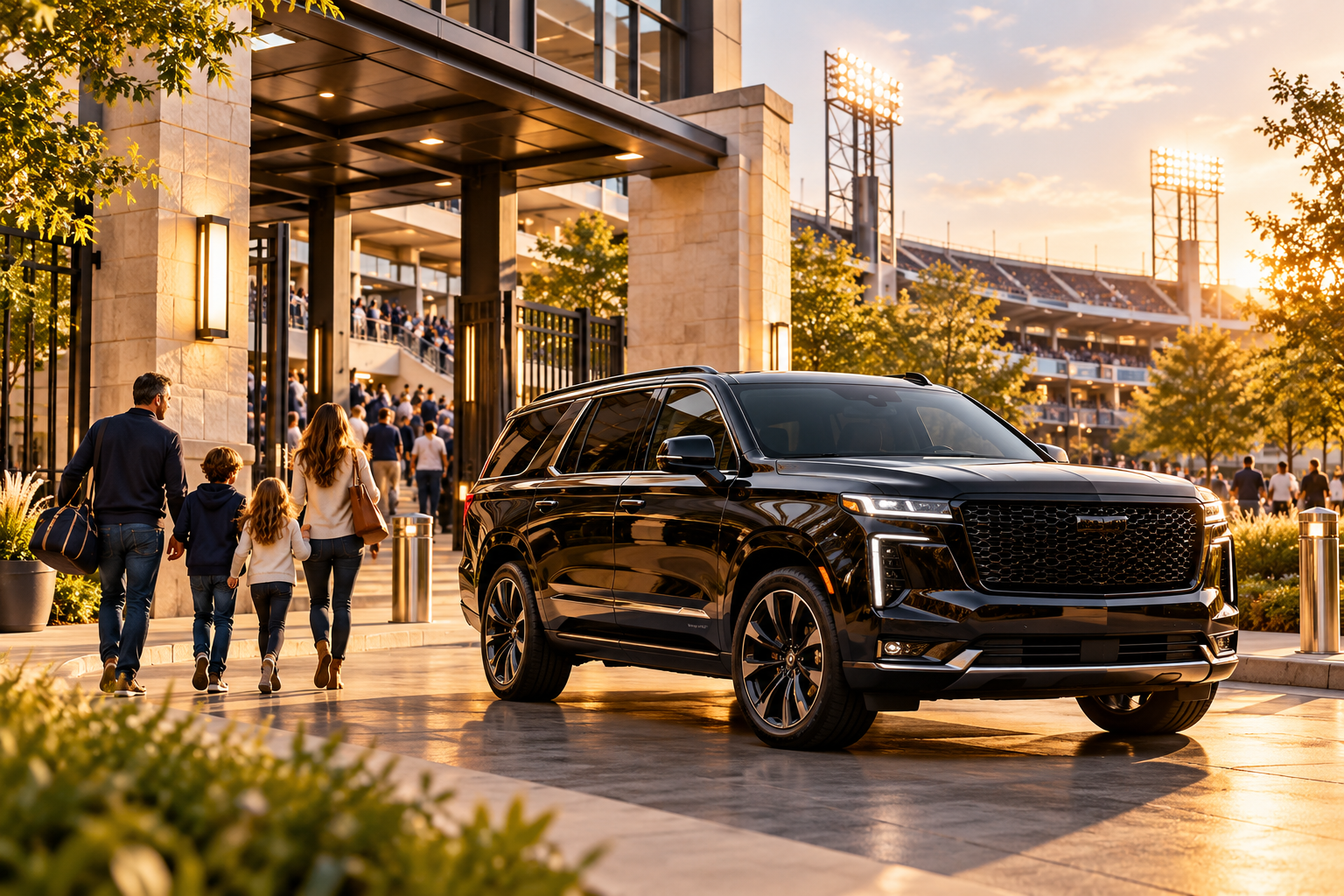A family arriving at a stadium in a black SUV at golden hour
